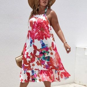 Floral Backless Halter Dress